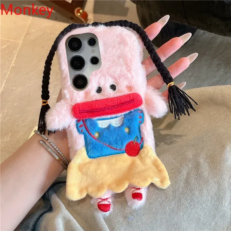 Material: POLYESTER, Color: black - 3D Cartoon Braided Girl Silicone Phone Cases For Google Pixel 9 Pro XL 8 5G 7 6 8A 7A 6A Cute Warm Fur Sausage Mouth Cover Gift