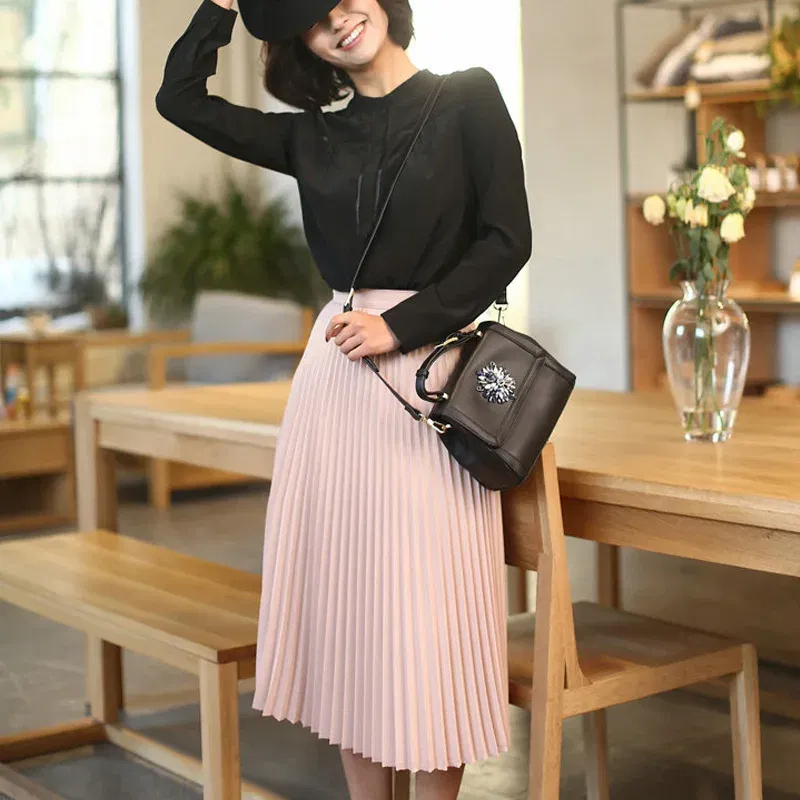 Color: GRAY, Size: One Size - Spring and Autumn New Fashion Women's High Waist Pleated Solid Color Half Length Elastic Skirt Promotions Lady Black Pink