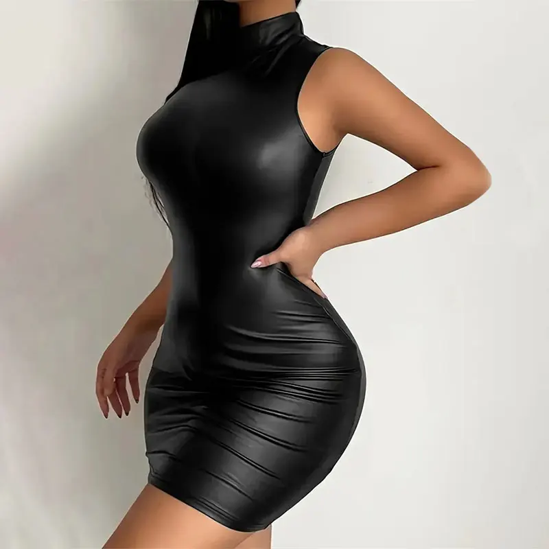 Size: M - Women Summer Sexy Party Strapless Bodycon Pu Leather Slim Package Hip Black Club Party Mini Short Dress Sundress Female Clothing
