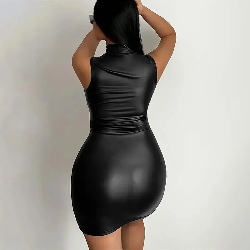 Size: M - Women Summer Sexy Party Strapless Bodycon Pu Leather Slim Package Hip Black Club Party Mini Short Dress Sundress Female Clothing