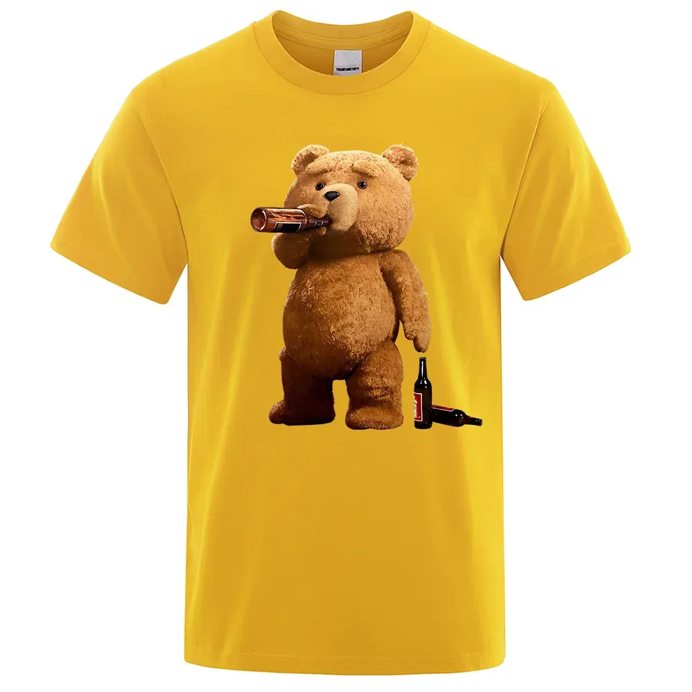 Color: Yellow, Size: M - Lovely Ted Bear Drink Beer Poster Funny Printed T-Shirt Men Fashion Casual Short Sleeves Loose Oversize Tee Street Hip Hop Tops