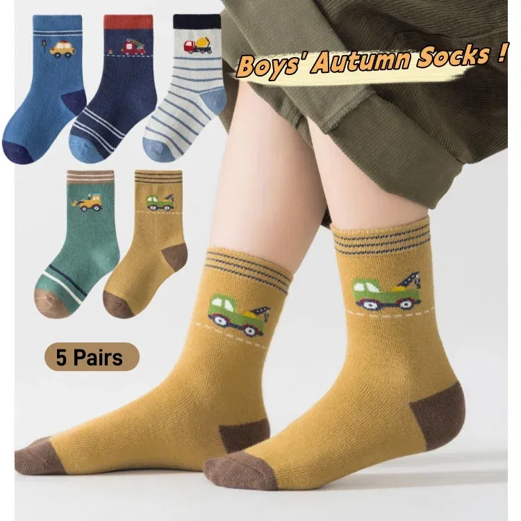 Color: Pink, Size: 4-6T - Autumn Socks Baby Socks Cute Truck Car Pattern Socks Boys Medium Socks Kids Autumn Winter Cotton Socks 5packs