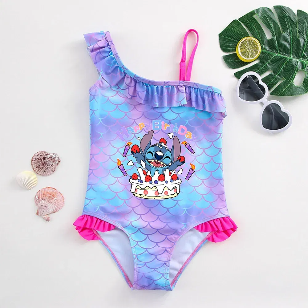 Color: Lavender, Size: L - Stitch Girls Swimsuit Fashion Mermaid Fish Scale One-Piece Bathing Suits Children's Dresses Summer Swimwear Beach Suit Kids Wear