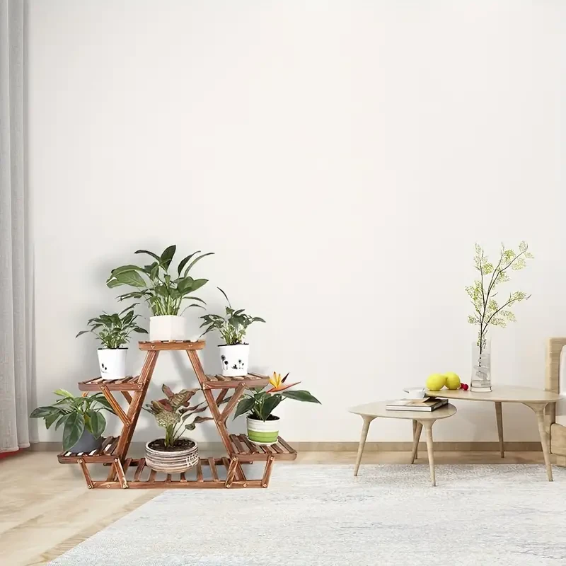 6-Tier Wooden Plant Stand - Waterproof Carbonized Wood Display Rack for Indoor & Outdoor Use