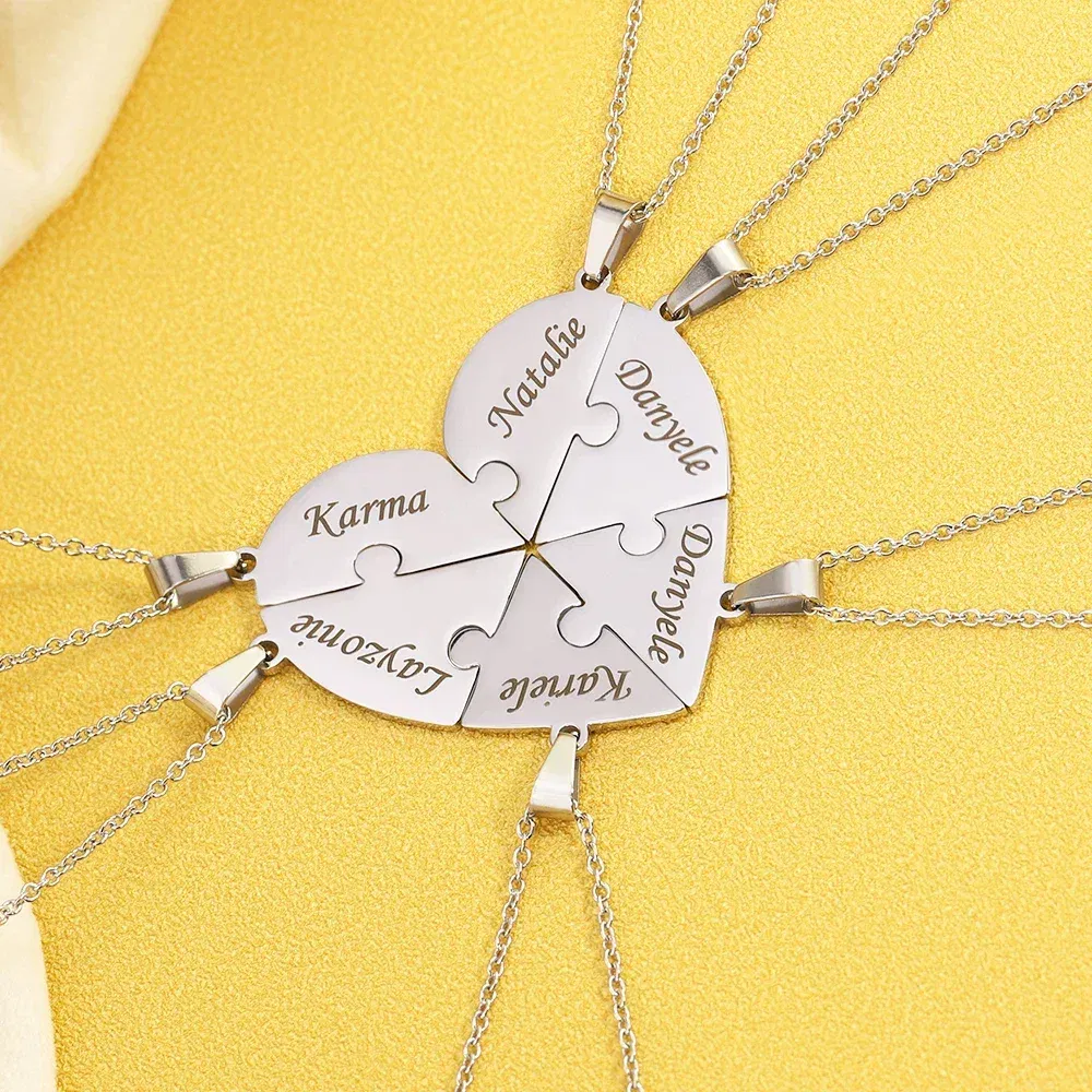 Metal Color: Rust Red, Length: 55cm, Main Stone Color: Silver - Personalized Charm Stainless Steel Pendant Name Jigsaw Heart Necklace for Women Jewelry for Men Family Name Chains Necklace