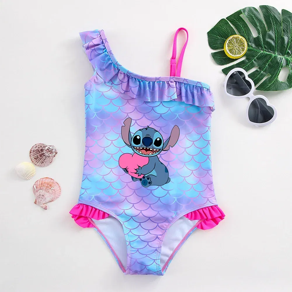 Color: Dark Purple, Size: M - Stitch Girls Swimsuit Fashion Mermaid Fish Scale One-Piece Bathing Suits Children's Dresses Summer Swimwear Beach Suit Kids Wear