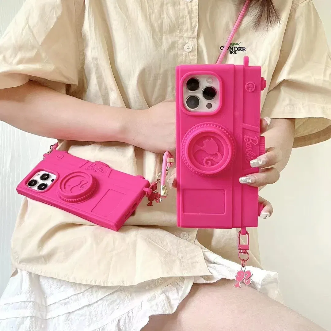 Material: Cotton Fabric, Color: Beige - Pink Camera Case For iPhone 15 14 13 12 11 Pro Max Kawaii Fashion Case Fashion Pendant Cute Girl