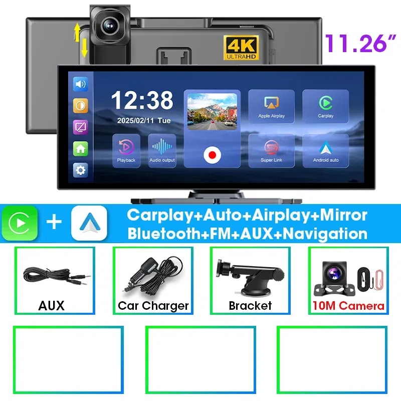 JMCQ 11.26 inch Touch Screen Car DVR 4K Dash Cam 5G WiFi Wireless Carplay Android Auto GPS Navigation BT Video Recorder FM AUX