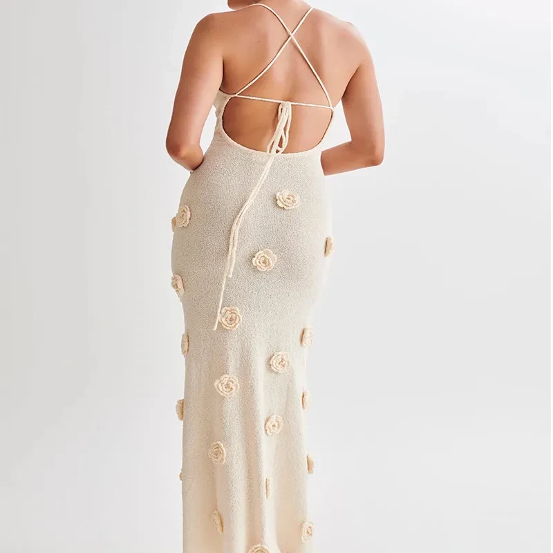 Women's Braces Skirt Three-dimensional Flower Knitted Backless Lace-up Dress