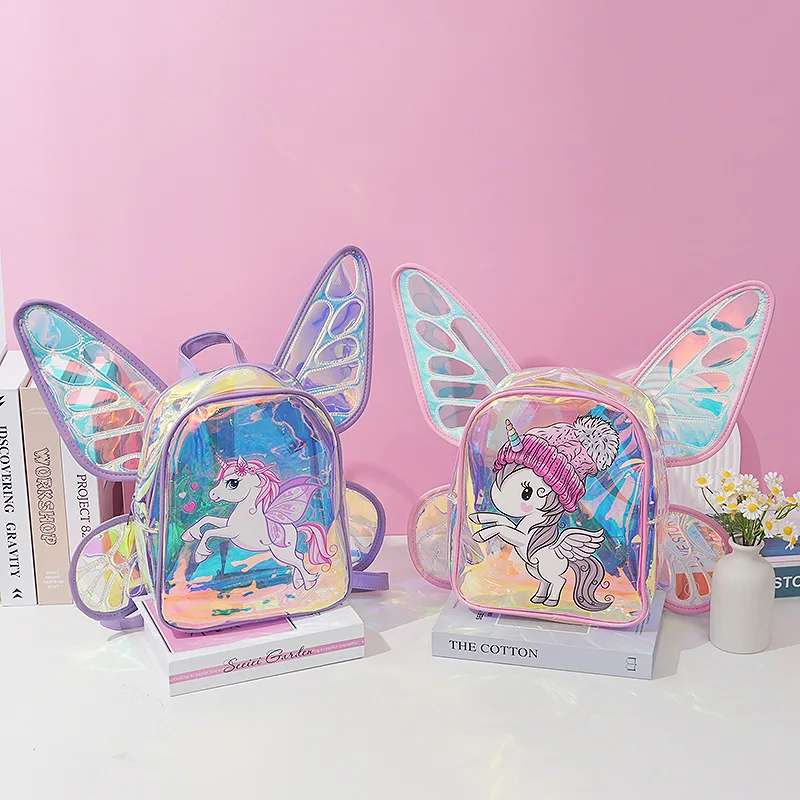 Color: Blue - New Fashion Butterfly Wings Backpack Children's Backpack Cute Unicorn Transparent TPU Trendy Backpack