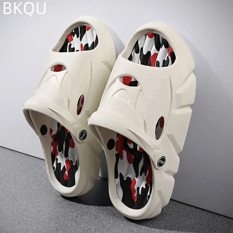Color: GRAY, Shoe Size: 40 - Men's Beach Slippers Round Toe Lightweight Flat Bottom Waterproof Comfortable Trend Versatile Breathable Non-slip Large Size