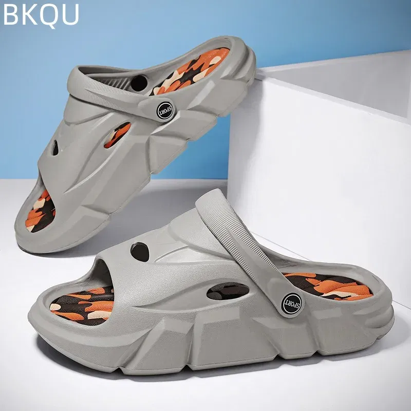 Color: GRAY, Shoe Size: 40 - Men's Beach Slippers Round Toe Lightweight Flat Bottom Waterproof Comfortable Trend Versatile Breathable Non-slip Large Size