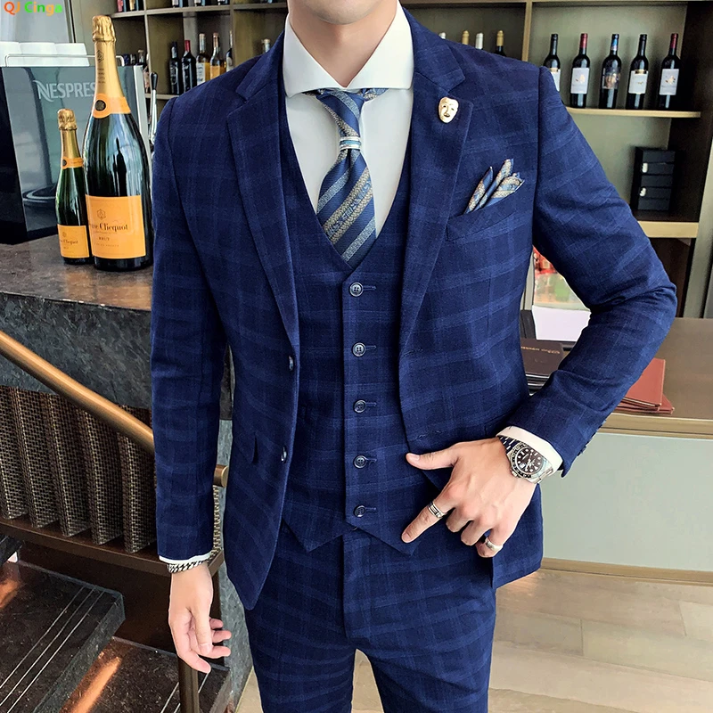 Color: army green, Size: XL - Gray Men Classic Striped/Checked Suits, Business Office 3 Piece, Asian Size Slim Fit Men Dress Jacket & Pants with Vest, S-4XL