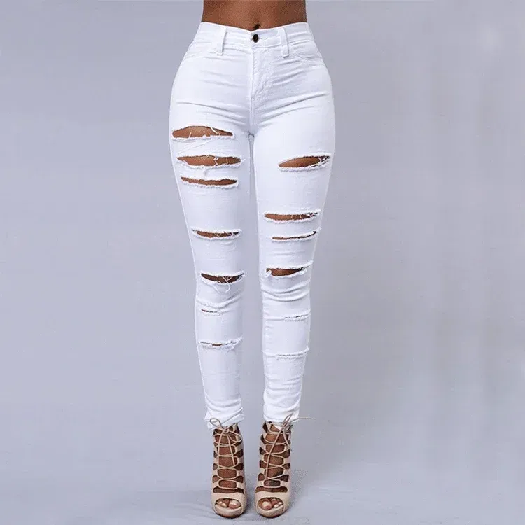 Color: WHITE, Size: M - Women's Ripped Tight Sexy Large Size Skinny Pants Jeans for Women