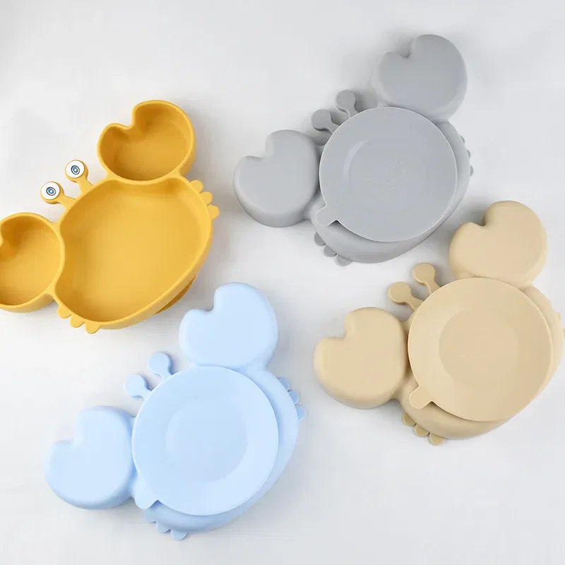 Color: WHITE, Ships From: CHINA - Baby Bowls Plates Fork spoon Set Silicone Suction Feeding Food Tableware BPA Free Non-Slip Baby Dishes Crab Food Feeding Bowl
