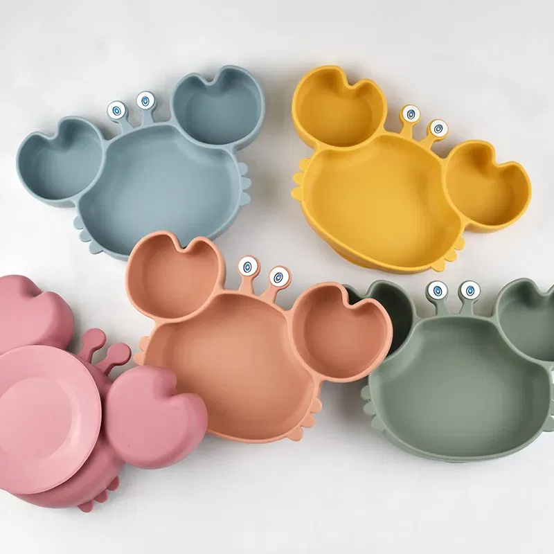 Color: WHITE, Ships From: CHINA - Baby Bowls Plates Fork spoon Set Silicone Suction Feeding Food Tableware BPA Free Non-Slip Baby Dishes Crab Food Feeding Bowl