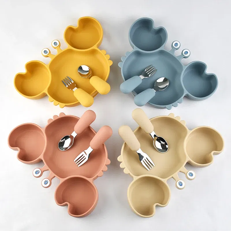 Color: WHITE, Ships From: CHINA - Baby Bowls Plates Fork spoon Set Silicone Suction Feeding Food Tableware BPA Free Non-Slip Baby Dishes Crab Food Feeding Bowl