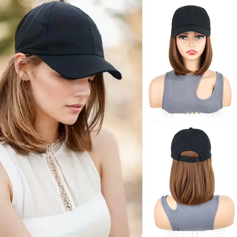 Color: Beige - Synthetic Short Straight Bobo Hat Wigs Baseball Cap Adjustable Black Brown Hairpiece for Women