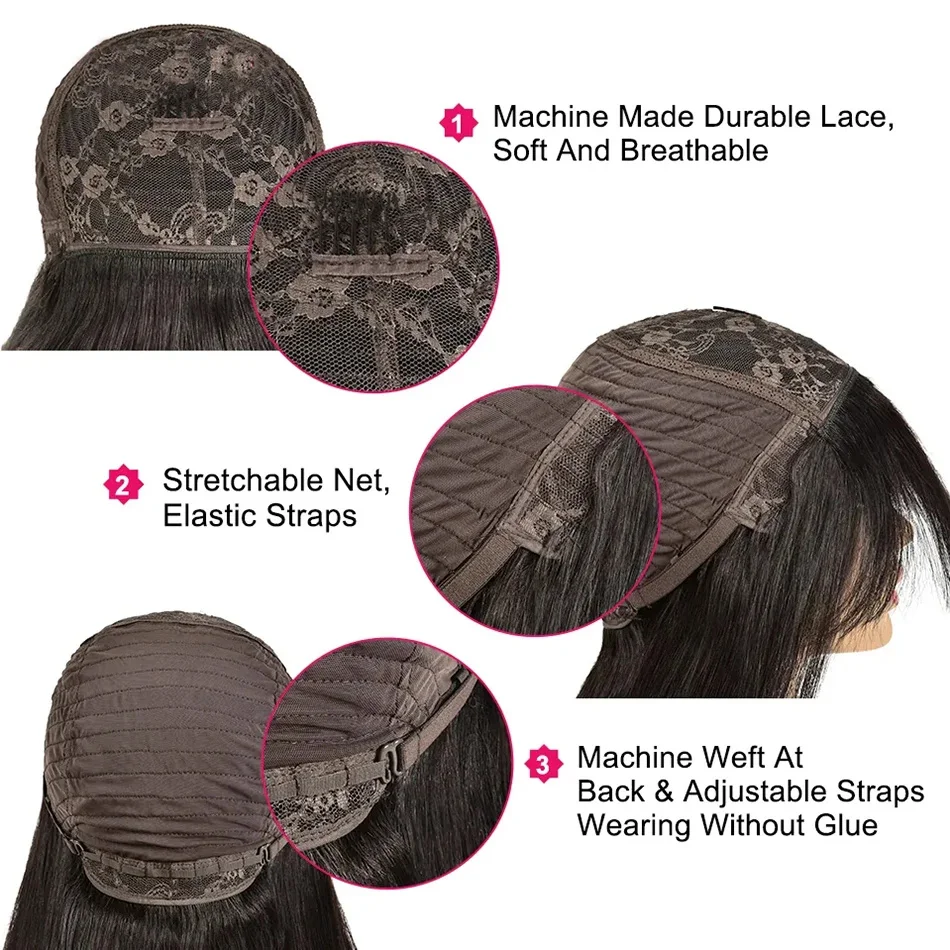 Stretched Length: 24inches, Density: 180% - Silky Wig Human Hair Full Machine Made Straight 100% Human Hair Wigs With Bangs For Women Brazilian Cheap Wig On Sale Clearance