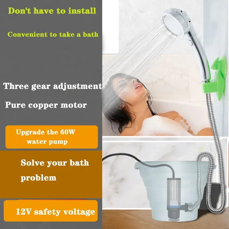 Color: Dark Grey - Portable Car Washer 12V Camping Shower Car Shower High Pressure Power Washer Electric Pump for Outdoor Camping Travel