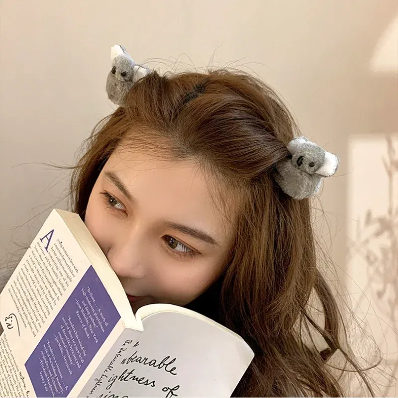 Color: Silver - 2021 Women Girls Cute Side Bangs Clip Plush Koala Bear Ornament Hair Clips Lady Soft Barrettes Hairpins Female Hair Accessories