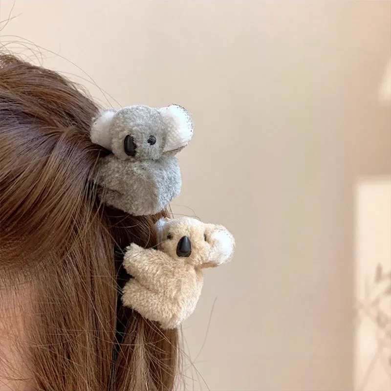 Color: Silver - 2021 Women Girls Cute Side Bangs Clip Plush Koala Bear Ornament Hair Clips Lady Soft Barrettes Hairpins Female Hair Accessories