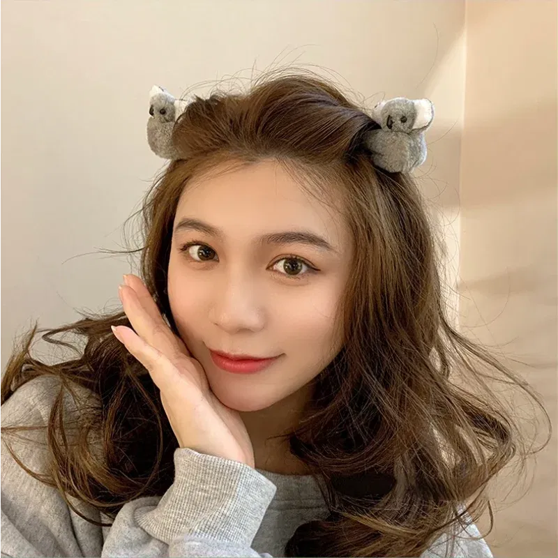 Color: Silver - 2021 Women Girls Cute Side Bangs Clip Plush Koala Bear Ornament Hair Clips Lady Soft Barrettes Hairpins Female Hair Accessories