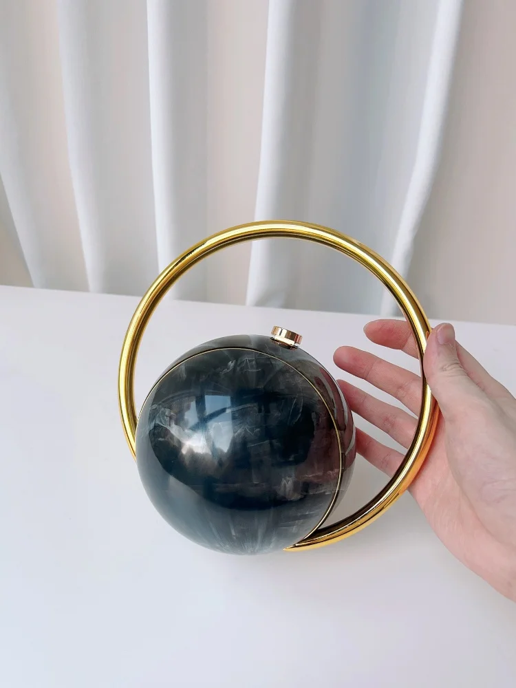 Color: Lavender - 2025 New Marble Pattern Spherical Banquet Bag for Women Trendy Electroplated Handle PVC Handbags Lady Mini Purse Evening Clutch