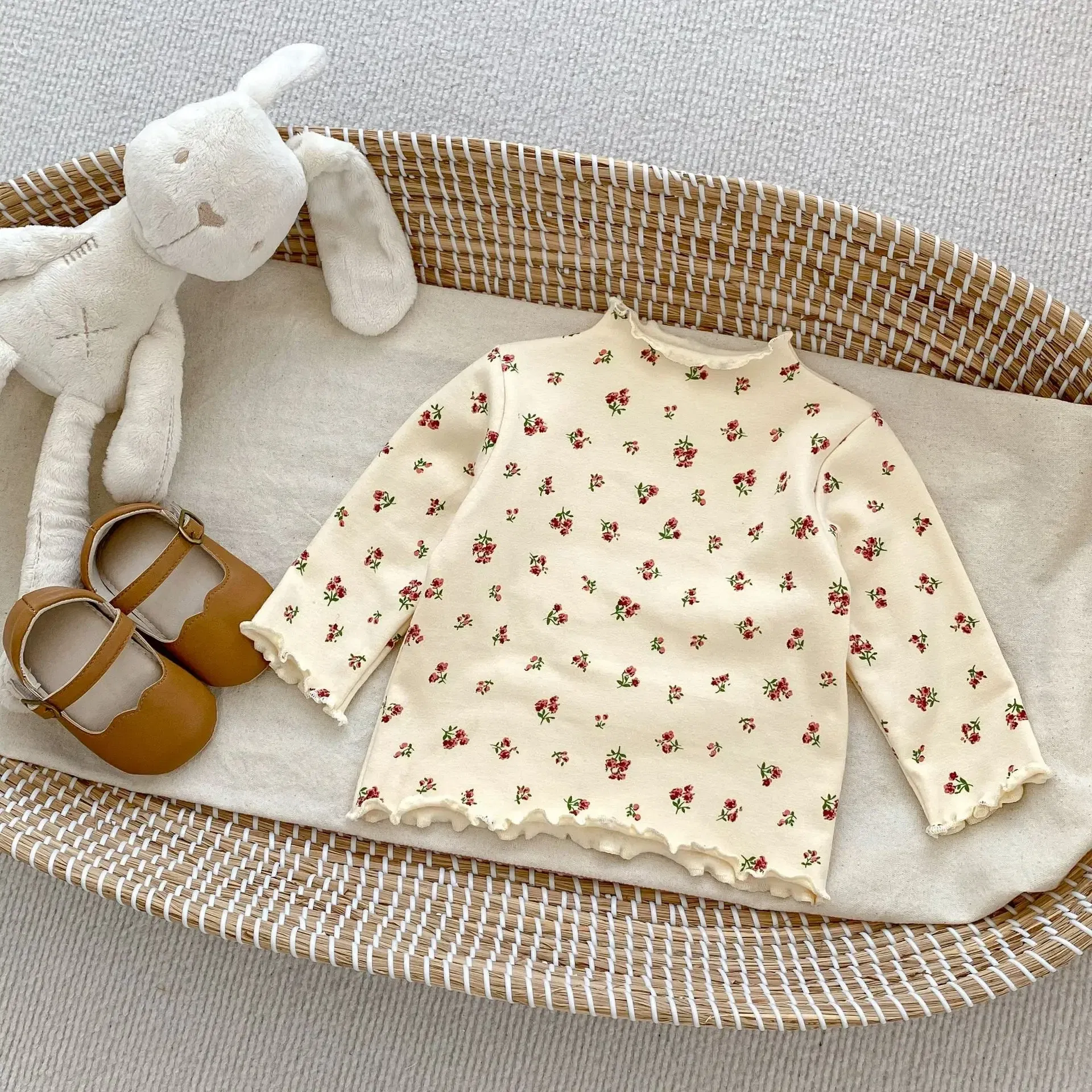 Color: Beige, Kid Size: 6M - New Baby Long Sleeve T Shirt Girls Cotton Casual Tees Infant Ruffled Versatile Shirts Kids Floral Striped Bottoming Tops