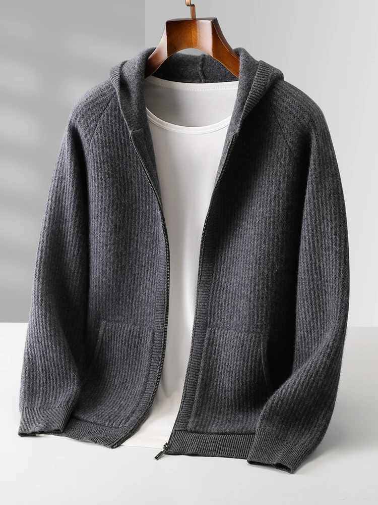 Color: WHITE, Size: M - Daily Clothes Autumn Winter Sweater Men's Coat 100% Merino Wool Sweater Cardigan Knitted Jacket Thicked Hooded Outerwears Trend