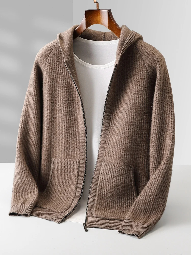 Color: WHITE, Size: M - Daily Clothes Autumn Winter Sweater Men's Coat 100% Merino Wool Sweater Cardigan Knitted Jacket Thicked Hooded Outerwears Trend