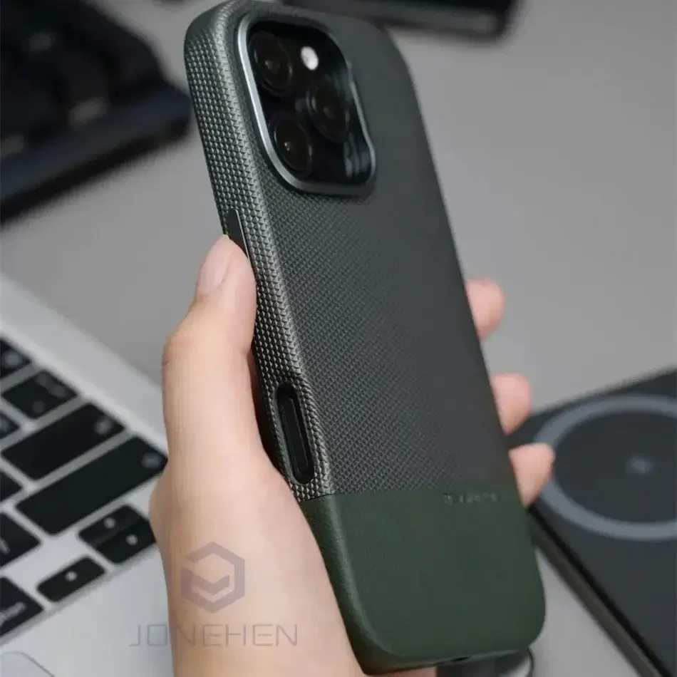 Color: Beige, Material: EVA - Business Hit Color Relief Leather Case For iPhone 16 15 14 13 Pro Max For Magsafe Magnetic Wireless Charge Alloy Len Cover Bag