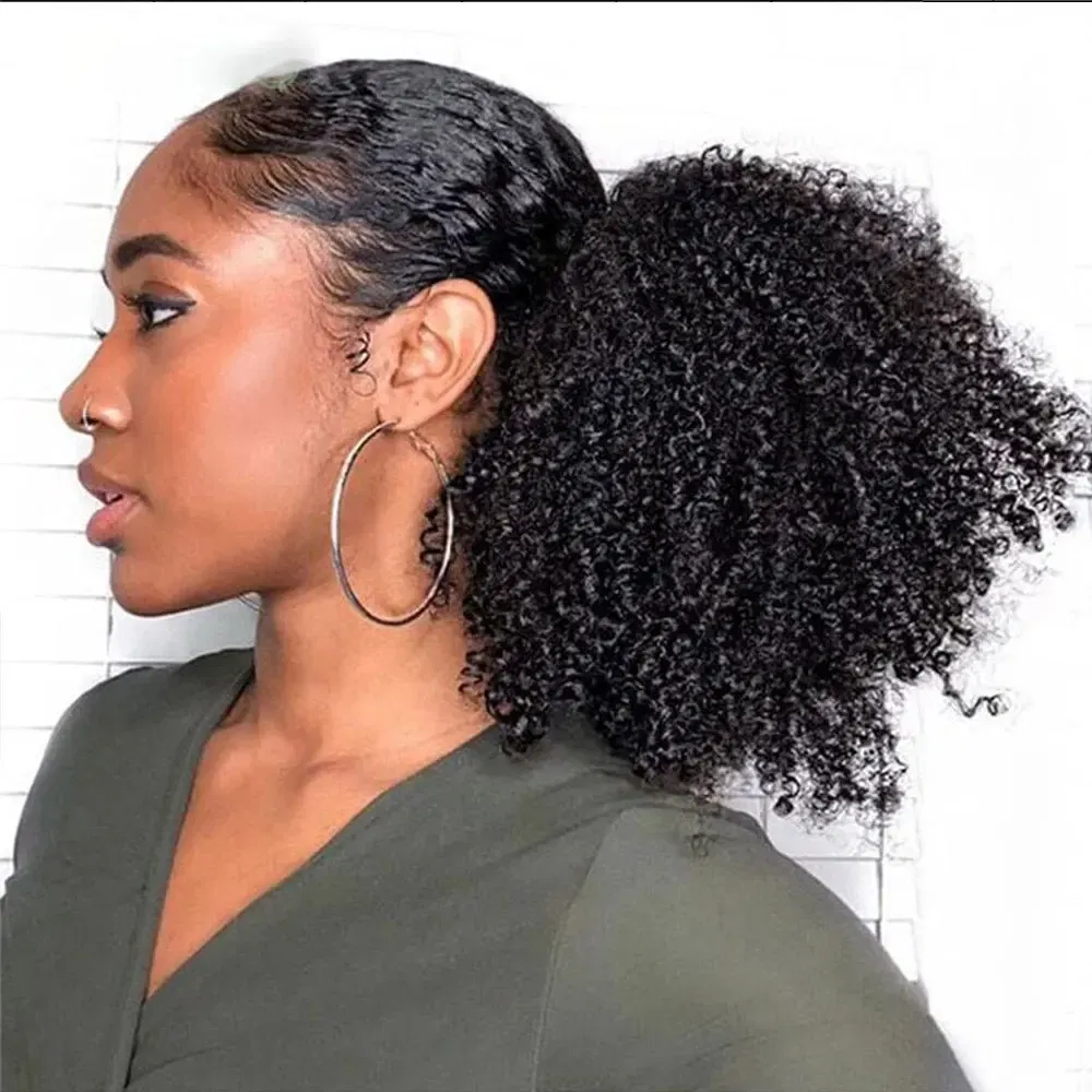 Color: Natural Color - Afro Puff kinky curly Drawstring Ponytail Bun Extension for Black Women Synthetic Short Afro Kinkys Curly Afro Hairpieces
