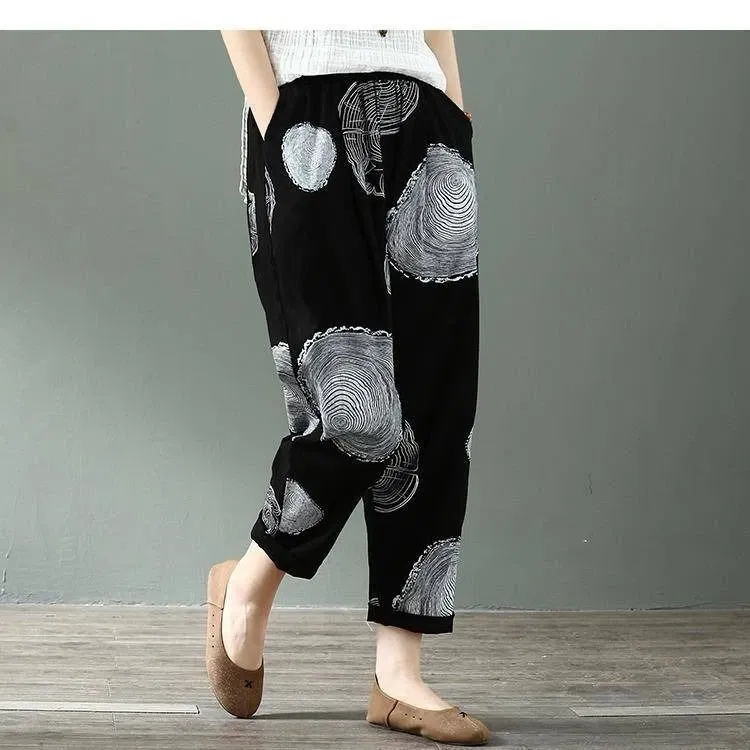 Color: Gold, Size: M - Cotton and Linen Pants for Women Summer  Printing Harem Pants Female Mother Loose Retro Fashion Women's Ankle Length  Pants