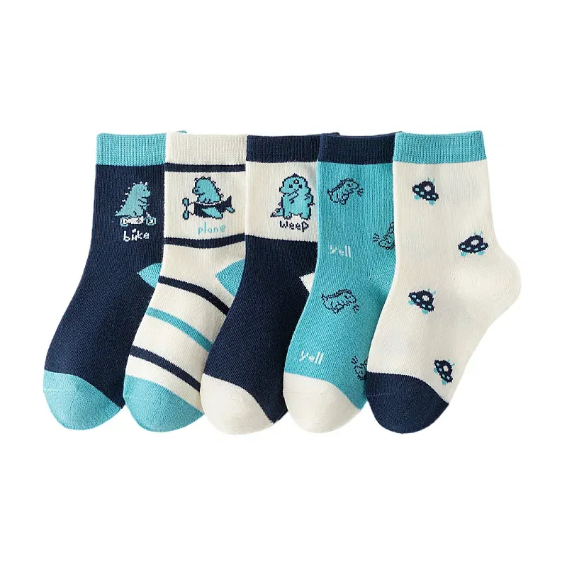 Color: Beige, Size: 4-6T - 5 Pairs/lot Baby Socks 2024 Autumn Cotton Socks Medium Socks Kids Little Big Boys Crew Sock