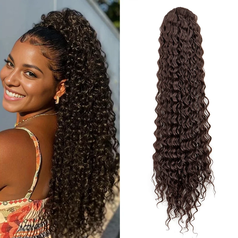 Color: T4/27/30 - Synthetic Long 22Inch Kinky Curly Ponytail Extensions Clip in Drawstring Ponytail Wig Afro Pony Tail Women Hairpiece
