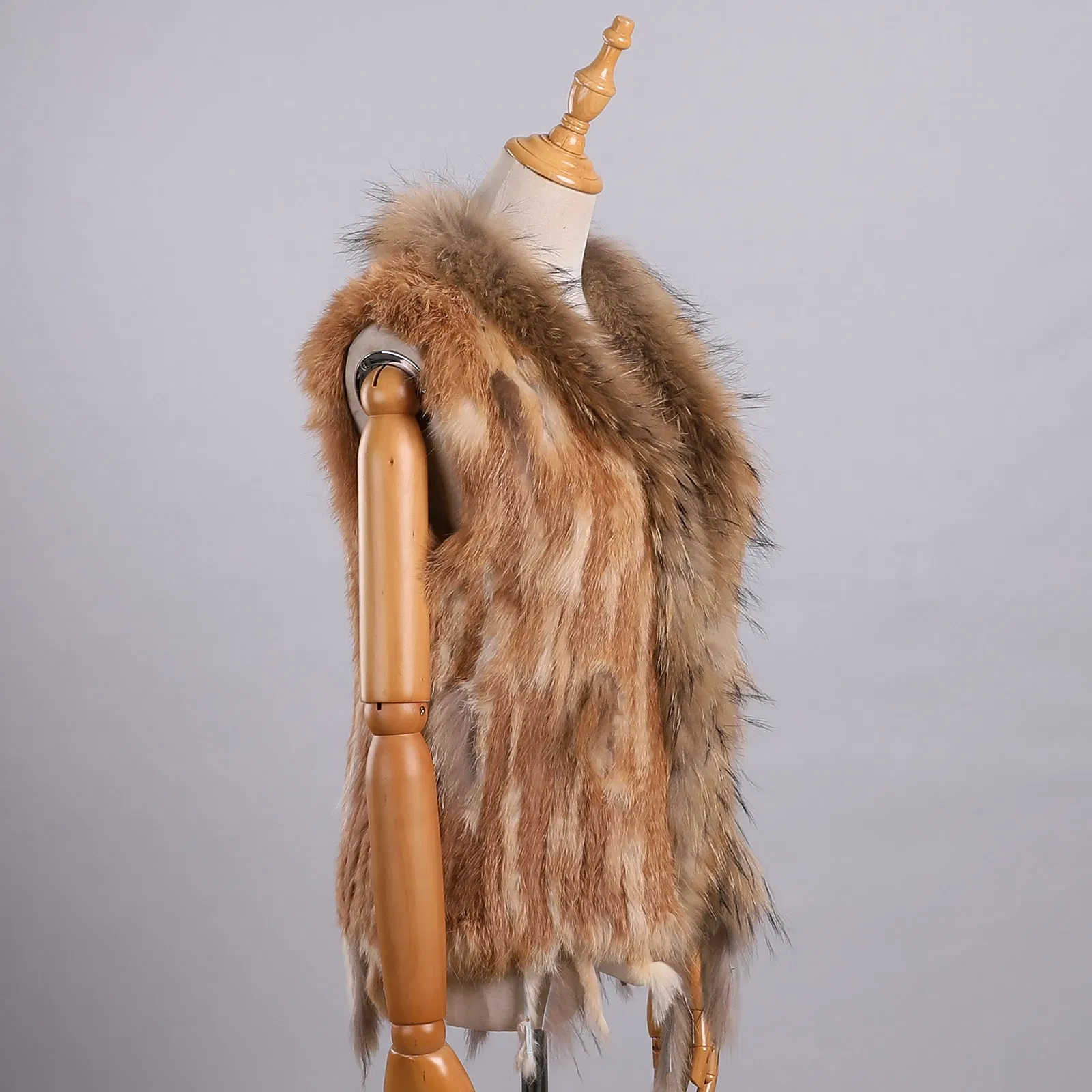 Color: Blue, Size: L - Luxury Women's Genuine Premium Long Hair Rabbit Fur Knit Vest Raccoon Fur Trim Gilet Lady Sleeveless Waistcoat Real Fur Jacket
