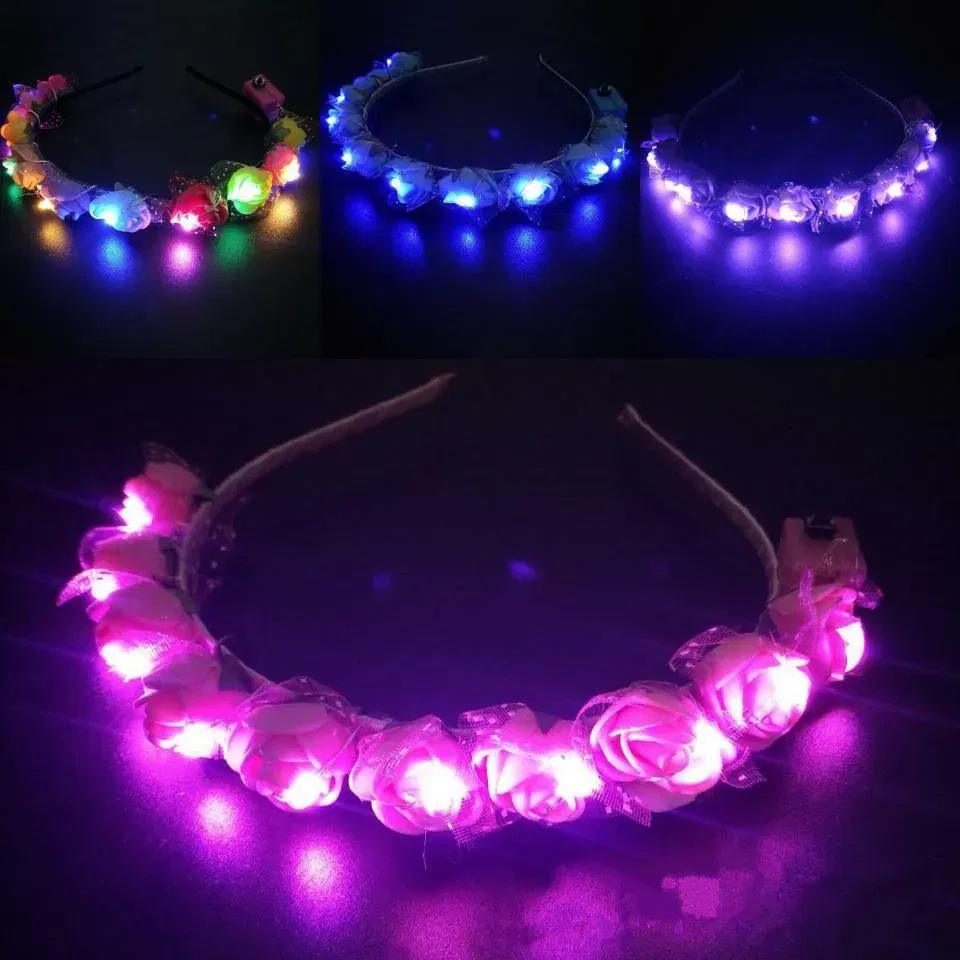 Color: GRAY - Luminous Rose Flower Headband LED Light up Wreath for Women Girl Bridal Wedding Party Hairband Christmas Valentine's Day Gifts