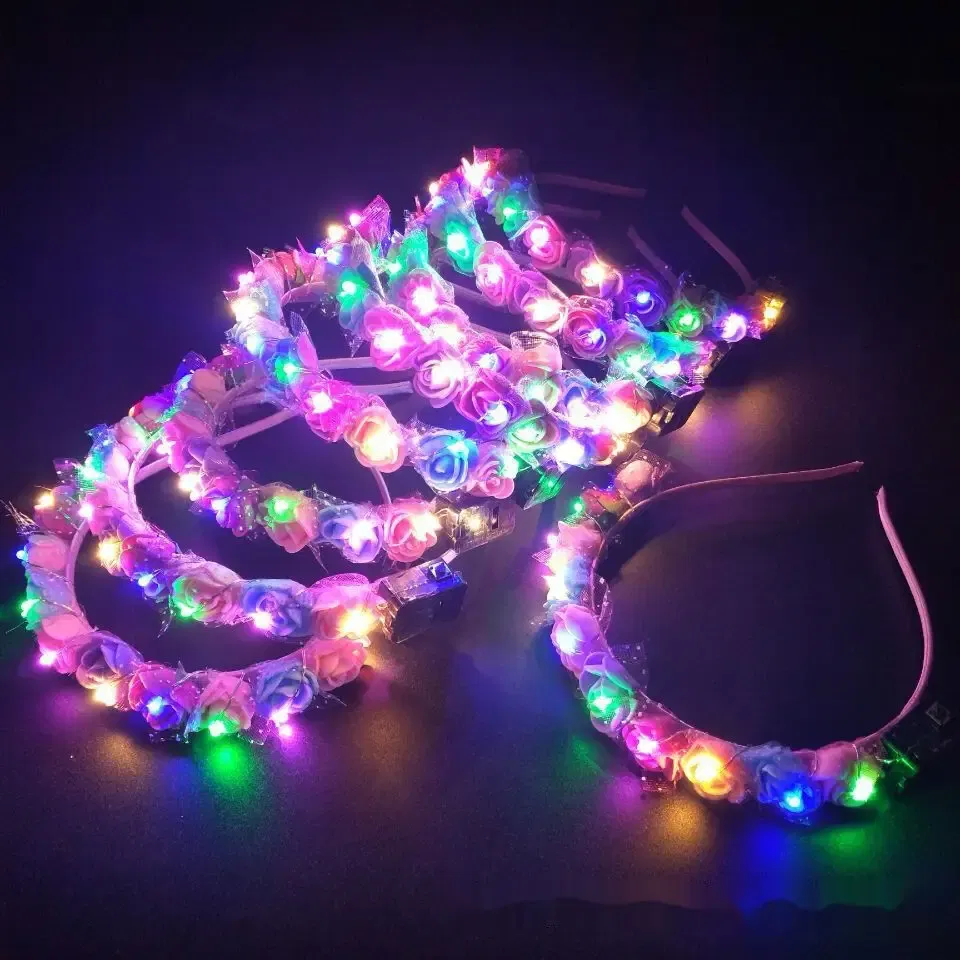 Color: GRAY - Luminous Rose Flower Headband LED Light up Wreath for Women Girl Bridal Wedding Party Hairband Christmas Valentine's Day Gifts