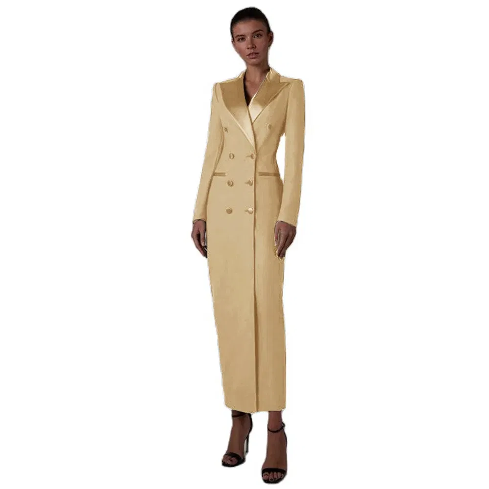 Color: Champagne, Size: M - Women's Suit Long Jacket One Piece Blazer Double Breasted Formal Tuxedo Party Dress кос?‚юм ?¶?µнский