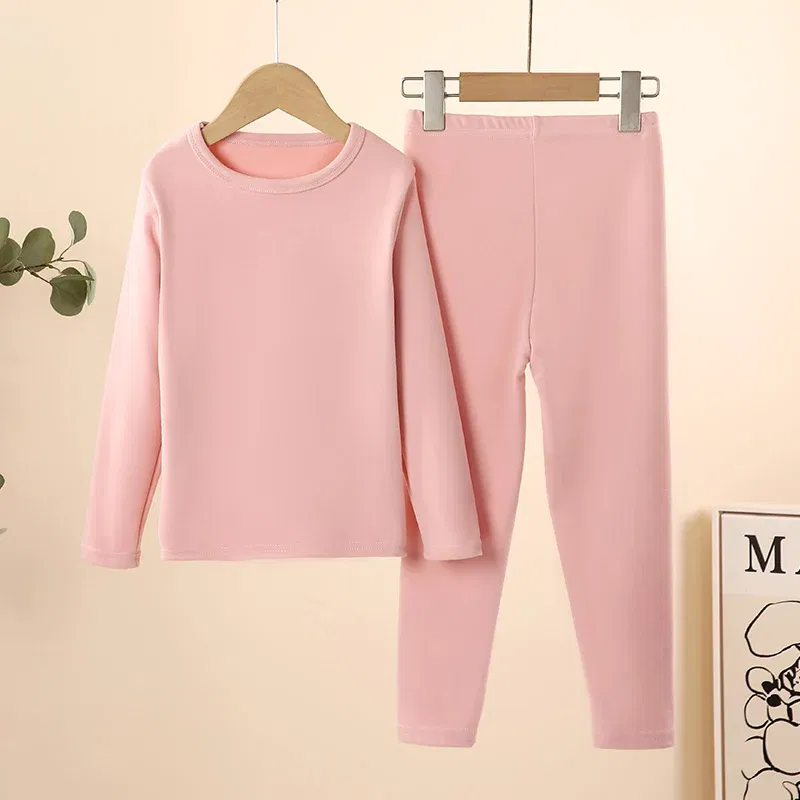 Color: Pink, Kid Size: 17 - 2-Piece Children's Thermal Underwear Suit boys' Autumn Clothes And Trousers Padded Cotton Sweater Girls' Casual Joker Home Cloth