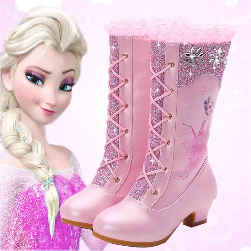 Color: Pink, Shoe Size: 3 - Disney Girls' Leather Boots Winter Frozen Boots Side Zipper High Plush Princess Elsa Boots Warm Children's Boots Size 27-37