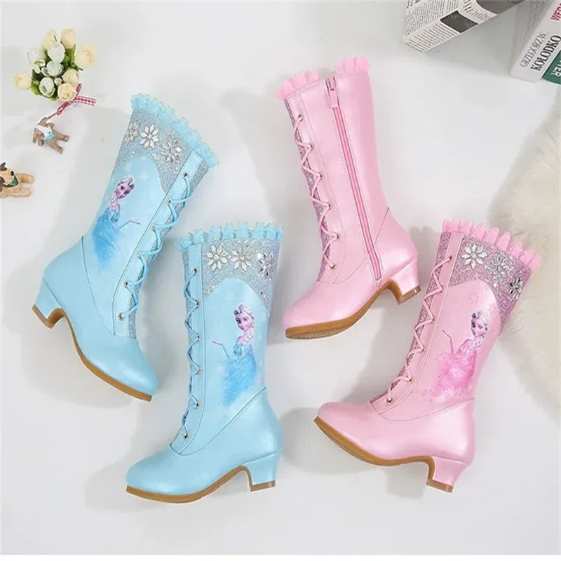 Color: Pink, Shoe Size: 3 - Disney Girls' Leather Boots Winter Frozen Boots Side Zipper High Plush Princess Elsa Boots Warm Children's Boots Size 27-37
