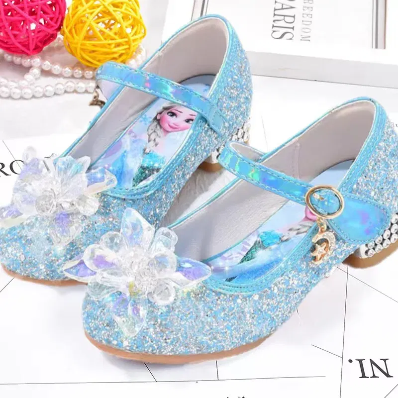 Color: Lavender, Shoe Size: 29 - Disney Princess Elsa Leather Shoes Girls' High Heels Shoes Fashion Girls' Crystal Shiny Children's Blue Pink Shoes Size 26-35
