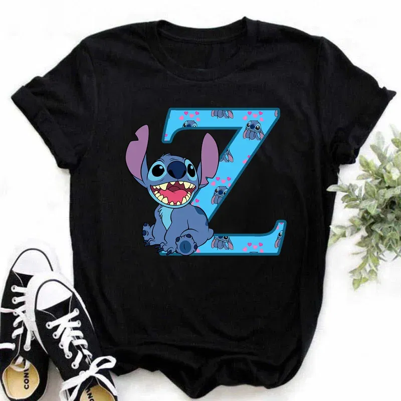 Color: Mixed Color, Size: XL - Disney Lilo&Stitch A-Z Alphabet Summer Women's Printed T-Shirt Women's Casual Tops T-Shirt Fashion Cartoon Plus Size T-Shirt