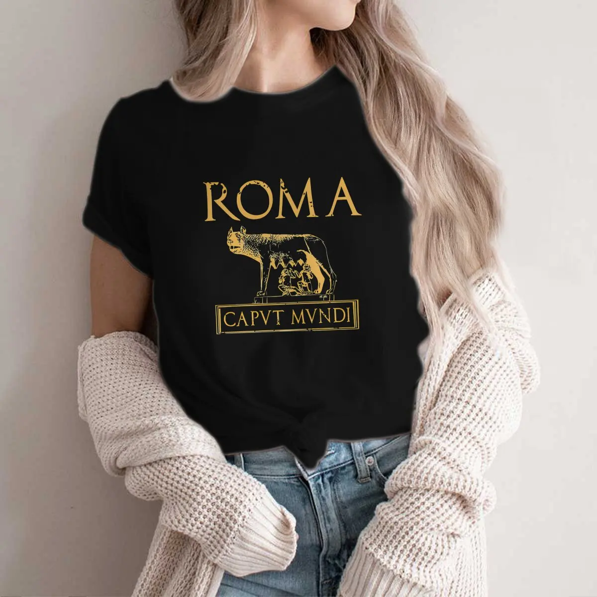 Color: black, Size: XL - Roma Caput Mundi Casual Polyester TShirt Ancient Rome Style Streetwear Leisure T Shirt Female