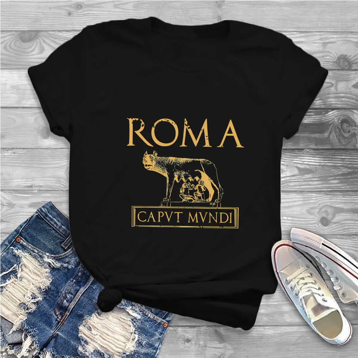 Color: black, Size: XL - Roma Caput Mundi Casual Polyester TShirt Ancient Rome Style Streetwear Leisure T Shirt Female
