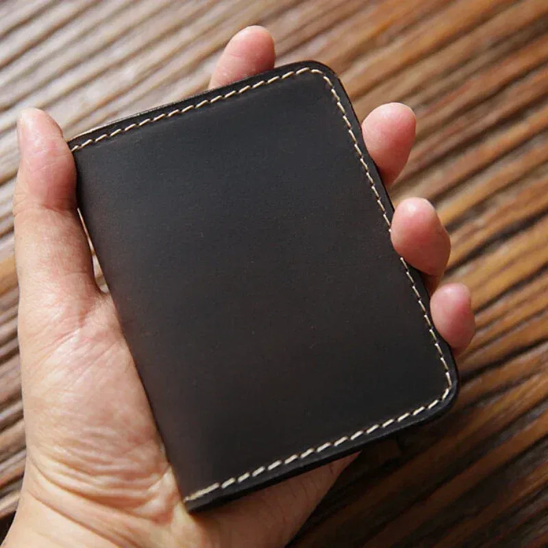 Color: black - Retro Crazy Horse Leather Cards Cases Mens Cowhide Credit Card Holder Wallet Handmade Ultra-thin Slim Drivers License ID Cover