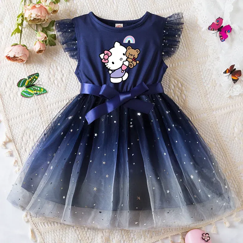Color: Coffee, Kid Size: 4T - Hello Kitty Girls Sequin Tutu Dress with Bow Flutter Sleeves Summer Princess Party Outfit for Toddler Kids 2-6 Years