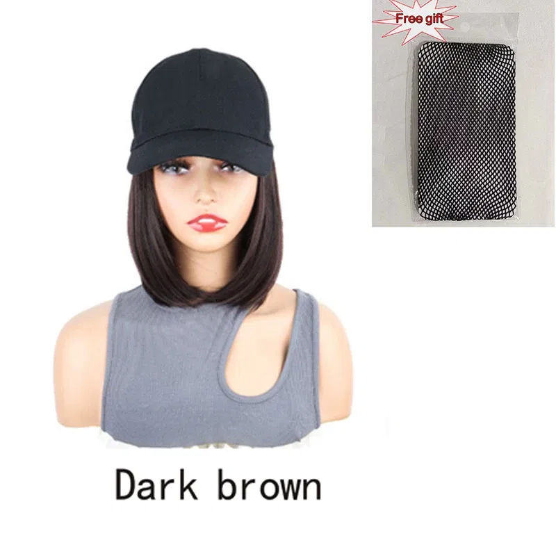 Color: Brown - H&STAR Synthetic Short Straight Wig Heat Resistant Fiber Stylish Girls' Baseball Hat Wig with Natural  Hair Peaked Cap